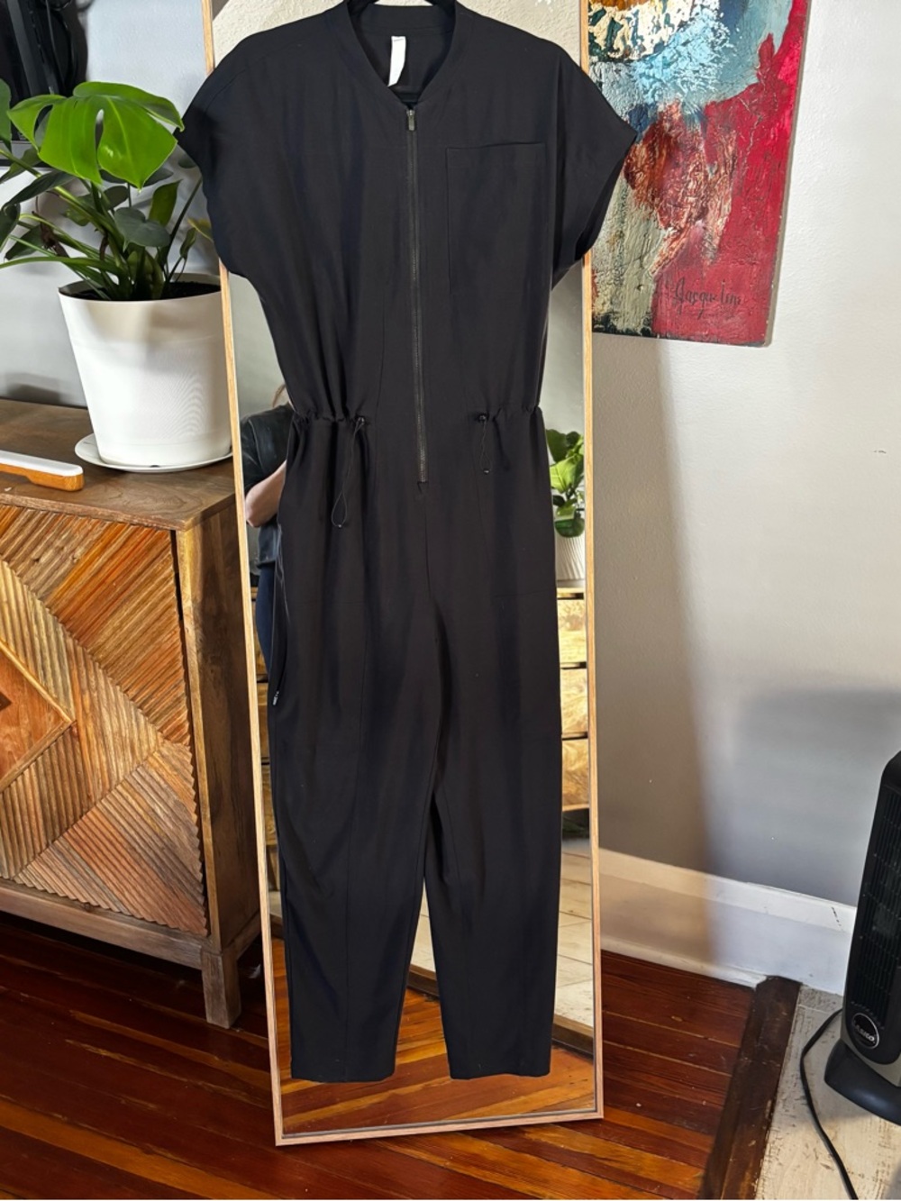 Zella Black Zip-Front Short Sleeve Jumpsuit